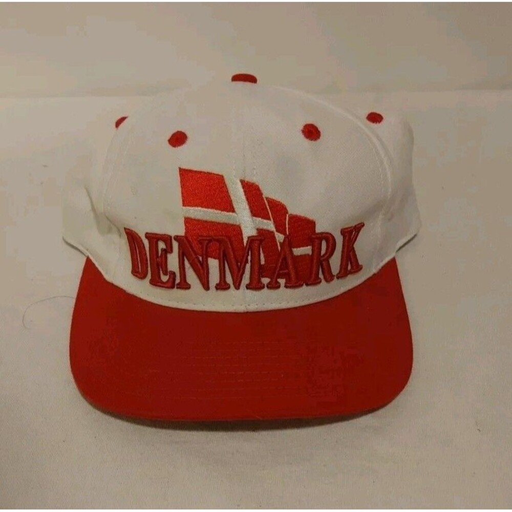 Vintage White/Red Denmark Hat Cap Adult Strapback Made In Taiwan R.O.C.